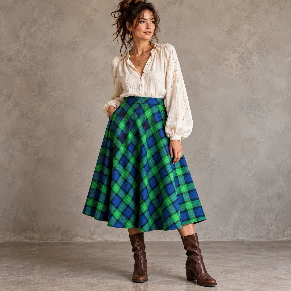 D.K. Gold Plaid Wool Blend Midi Skirt 12 Tartan Full Sweep Academia Preppy 80s
